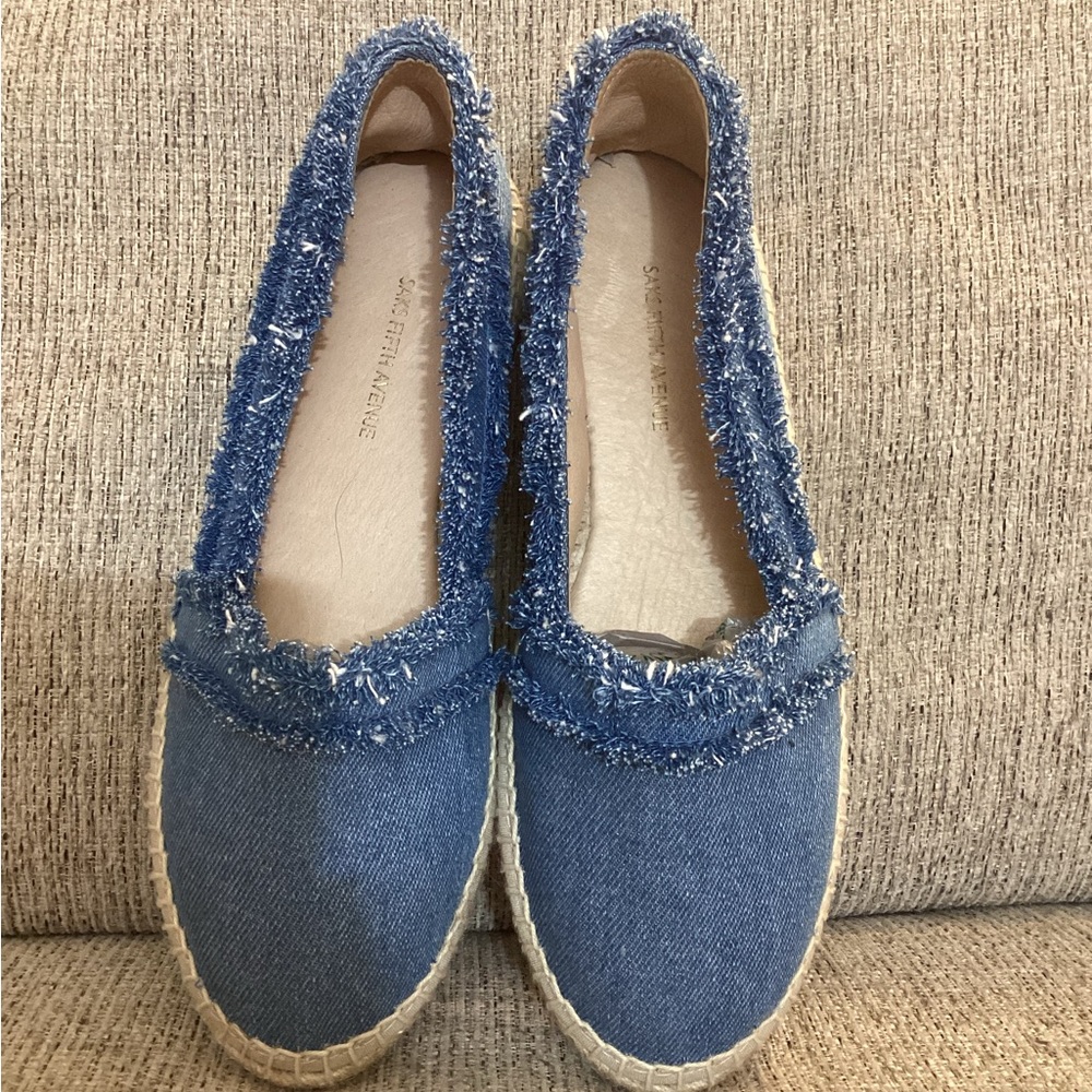 Saks Fifth Avenue Blue Denim Frayed Espadrille Flats - Picture 2 of 13